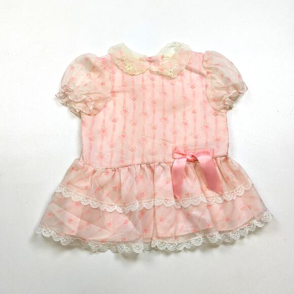 Vintage Dress Baby Girls Sz 12m Pink Sheer Drop Waist Rose Floral Party - Picture 1 of 4